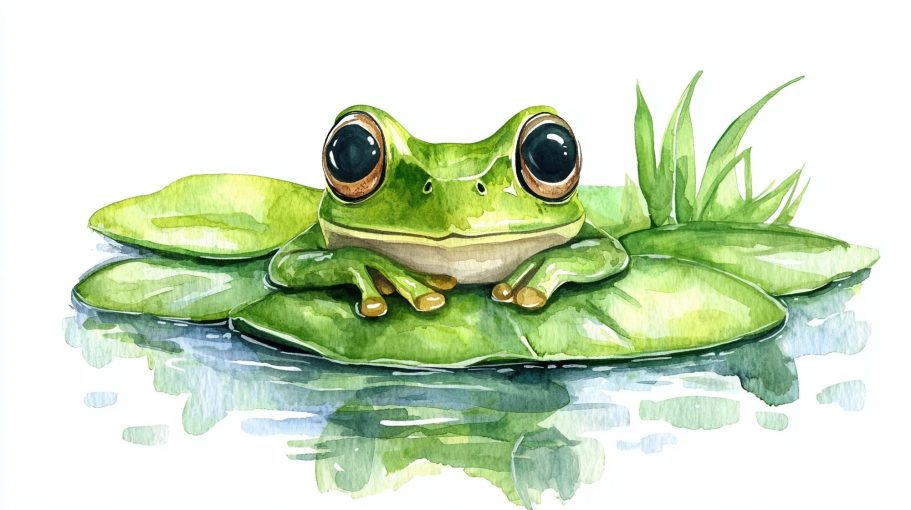 Grüner Frosch sitzt auf einem Seerosenblatt in einem Teich.