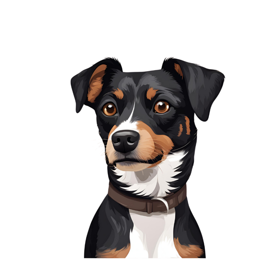 Ein schwarz-brauner Hund mit aufmerksamem Blick und braunem Halsband. - Ein Avatar von Dara, den Praxishund