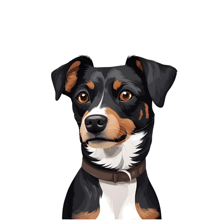 Schwarzer und brauner Hund mit aufmerksamem Blick und braunem Halsband - Avatar vom Praxishund Dara