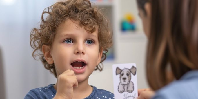 Junge zeigt auf eine Karte mit einem Hund und spricht mit einer Person.