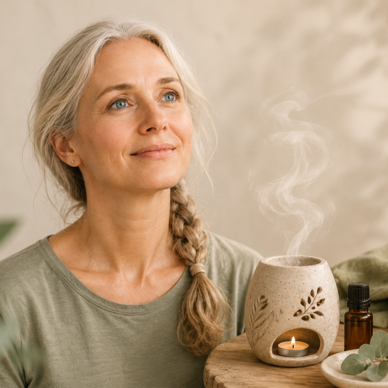 Lächelnde Frau mit grauen Haaren sitzt neben einem Aromadiffusor und Duftöl.