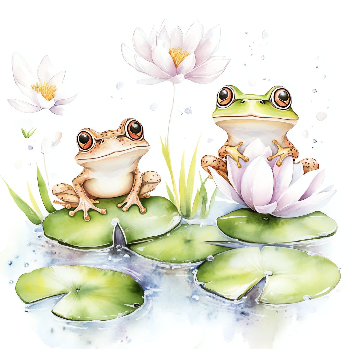 Zwei Frösche sitzen auf Seerosenblättern neben einer Blüte einer Wasserlilie - als Symbol für das Team!