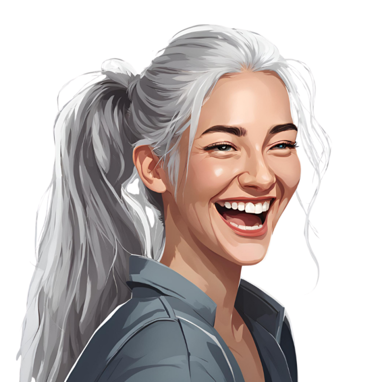 Lachende Frau mit langen, weißen Haaren und grauem Oberteil. - Avatar von Franziska Witt