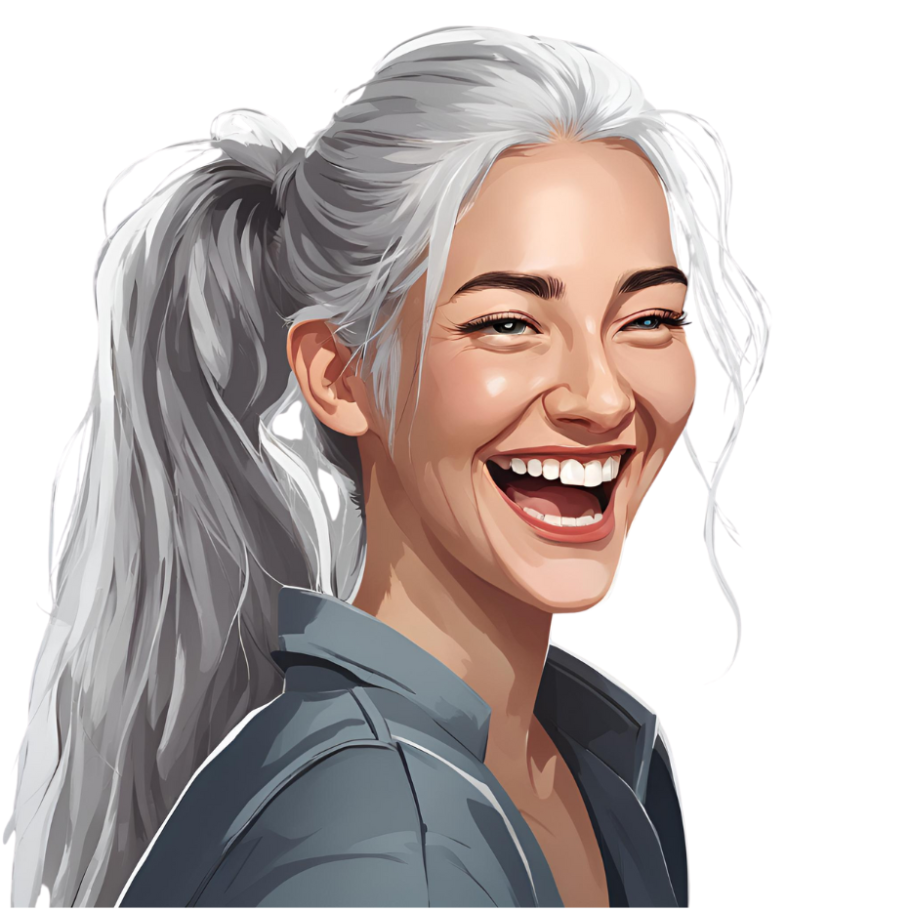 Junge Frau mit langen, grauen Haaren und breitem Lächeln, in einem lockeren Outfit. - Ein Avatar von Franziska Witt
