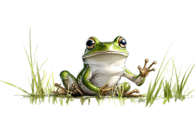 Eine grüne Froschfigur sitzt lässig auf grünem Gras und hebt eine Vorderpfote.