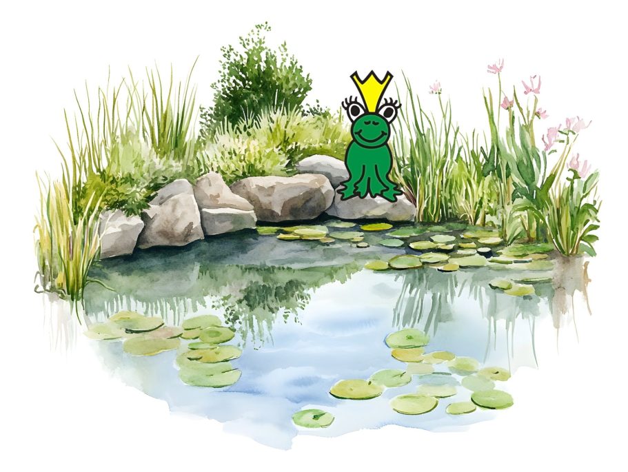 Ein Frosch mit einer Krone, das Logo der Logopädischen Praxis, sitzt an einem Teich mit Seerosen und grüner Umgebung.