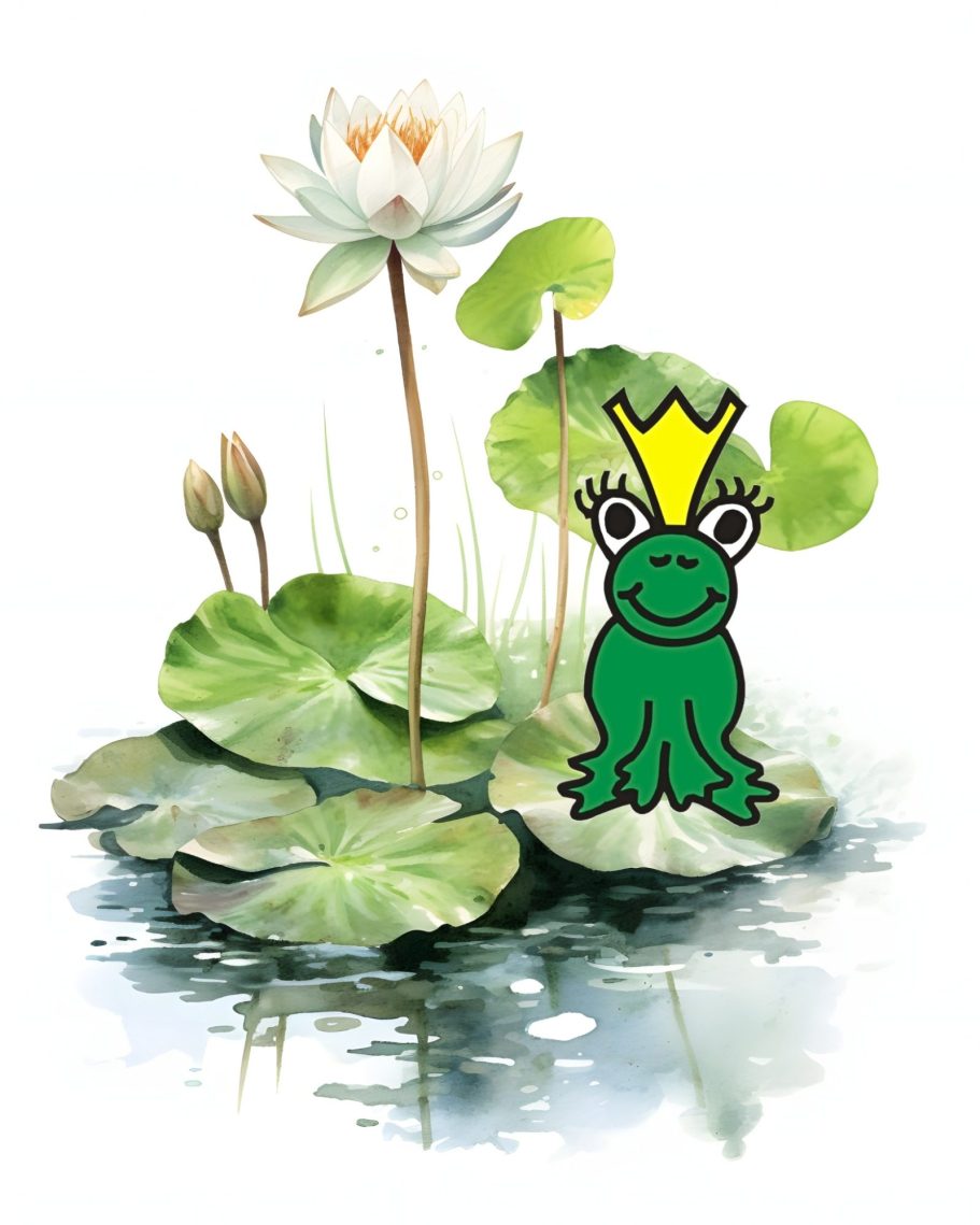 Eine grüne Froschfigur, das Logo von der Logopädischen Praxis in Gransee, mit Krone vor einer Wasserlilie auf Seerosenblättern.